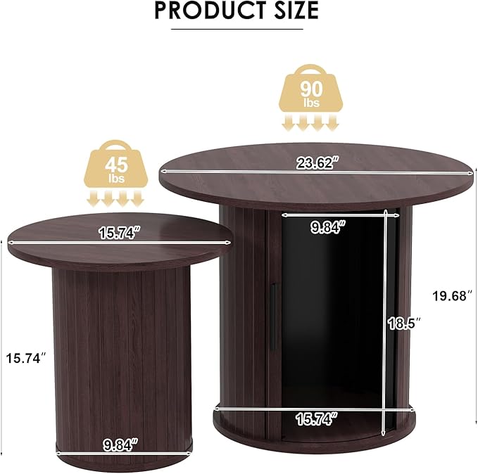 COSVALVE Nesting Coffee Table Set of 2 with Hidden Storage & Sliding Door, Circle Wood Coffee Table, Farmhouse Side & End Table Sets for Living Room, Small Spaces, Walnut