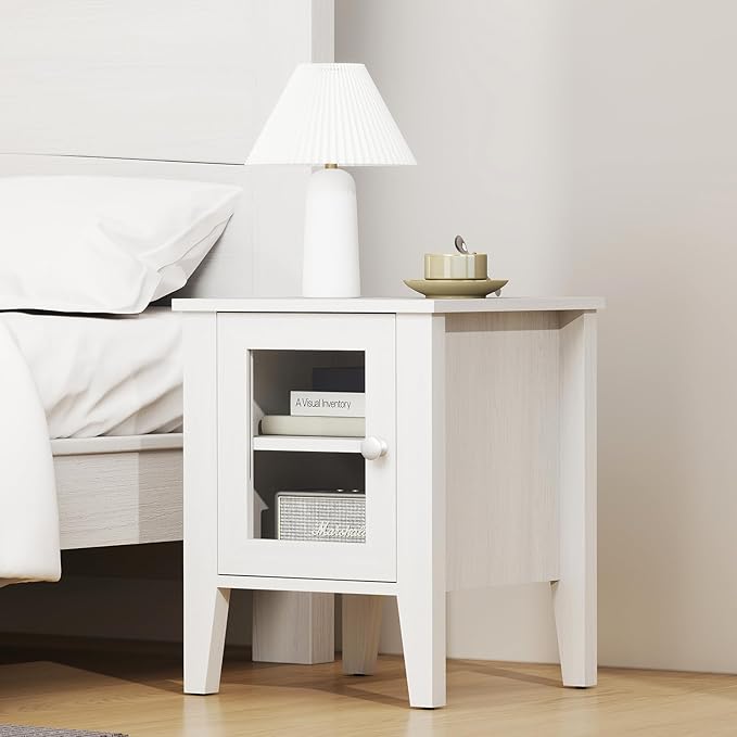 Bonzy Home Modern Night Stands Set of 2, End Table with Acrylic Door, Wooden Side Table with Storage, Bedside Tables for Bedroom, Living Room, Small Spaces, White