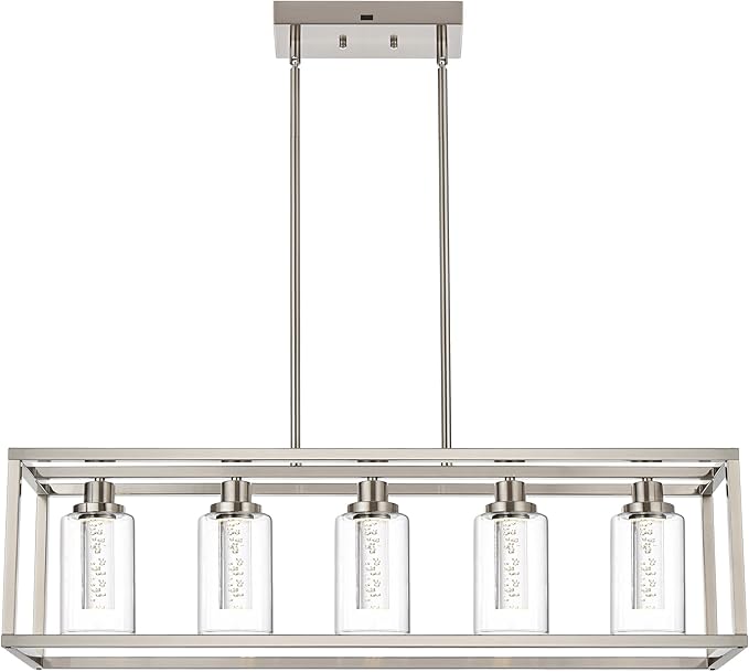 MELUCEE Linear Kitchen Island Lighting Brushed Nickel Led Bubble Crystal Chandeliers for Dining Room, 5 Lights Large Led Pendant Lights with Clear Glass, Built in LED Chips 5-Color Temperature Adjust