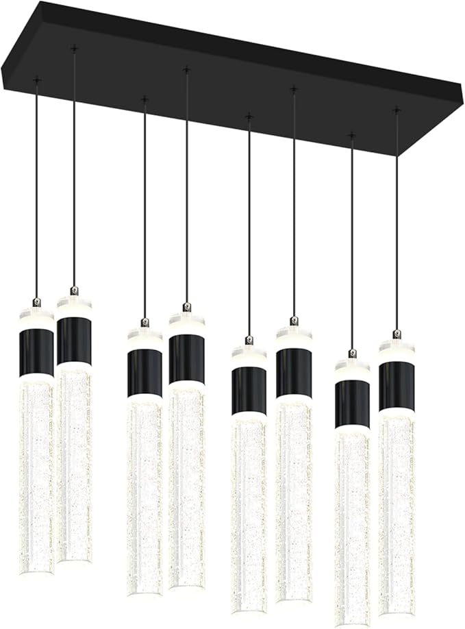 8-Lights Black Hanging Pendant Light for Kitchen Island Modern Dimmable LED Crystal Chandeliers for Dining Room Bedroom Living Room Over Table Adjustable Height