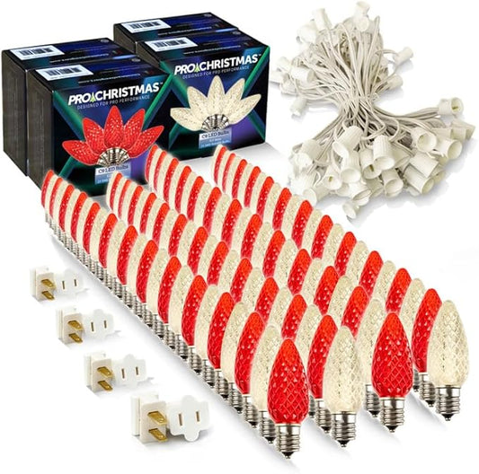 Pro Christmas C9 LED Christmas Light Kit for Rooflines & Pathways – DIY Cut to Length, Outdoor Commercial Grade (White Wire w/Vampire Plugs, 100 Bulbs, 100 ft) Warm White and Red