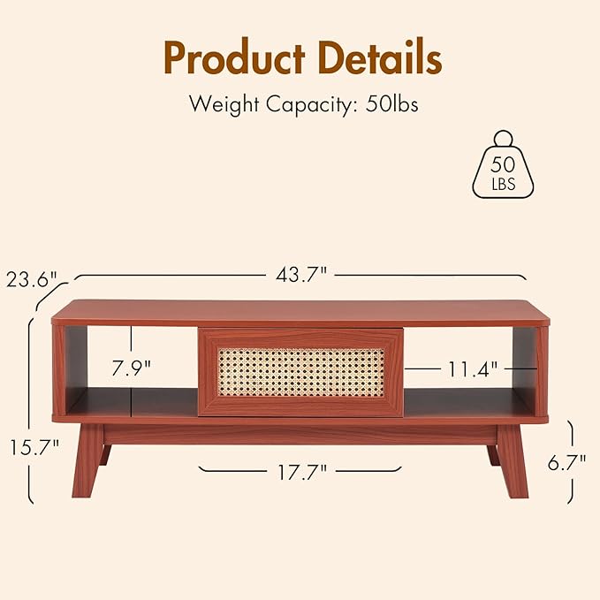 Soohow Coffee Table, Mid Century Living Room Tables with Storage, Modern Square with Rattan Drawer, Wooden Living Room Table with Solid Wood Leg
