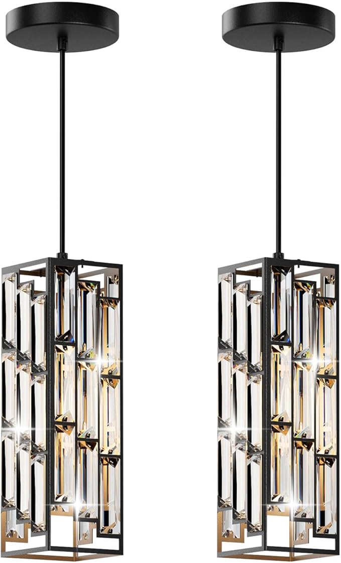 Black Pendant Lights Modern Pendant Light Fixture, Mini Crystal Pendant Ceiling Light, Pendant Light for Kitchen Island, Dinning Room, Bedroom, Kitchen Sink Lighting (2-Pack)