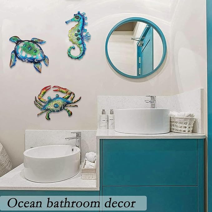 Weibefee Metal Sea Turtle Seahorse Crab Beach Themed Bathroom Wall Art Christmas Decor, Ocean Themed Wall Christmas Decorations Gift for Home Bathroom,10 Inch, Set of 3…