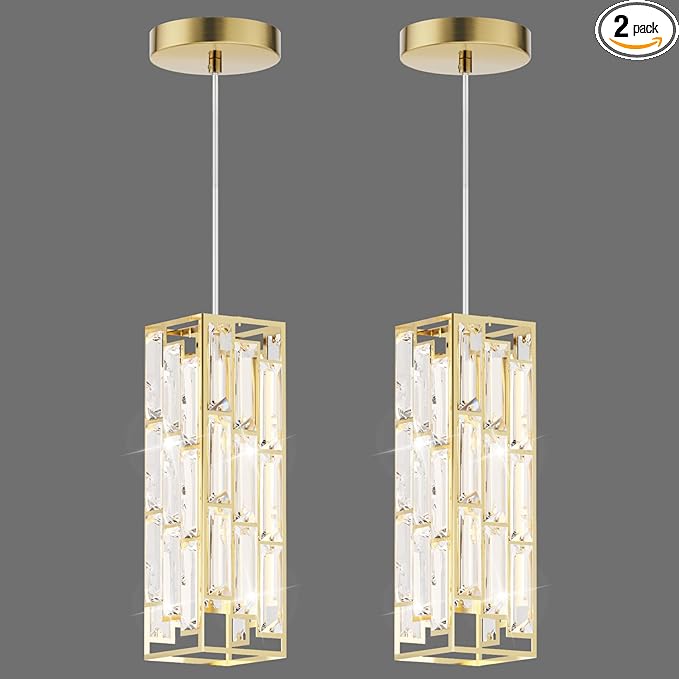 Brass Pendant Lights Modern Pendant Light Fixture, Mini Crystal Pendant Ceiling Light, Pendant Light for Kitchen Island, Dinning Room, Bedroom, Kitchen Sink Lighting (2-Pack)