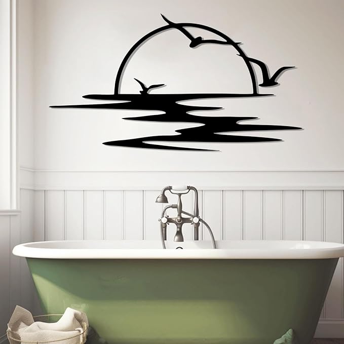 Sunrise Metal Wall Art, Seagulls Sunset Metal Wall Decor, Minimalist Sunshine Line Wall Art, Abstract Sunset Wall Decor, Sunburst Wall Hanging for Living Room (Silver, 59"x32"/150x81cm)