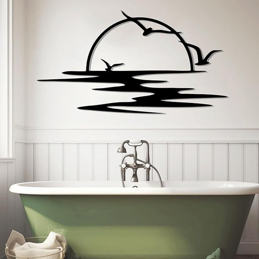 Chaser of Light Sunrise Metal Wall Art, Seagulls Sunset Metal Wall Decor, Minimalist Sunshine Line Wall Art, Abstract Sunset Wall Decor, Sunburst Wall Hanging for Living Room (Black, 35"x19"/90x49cm)