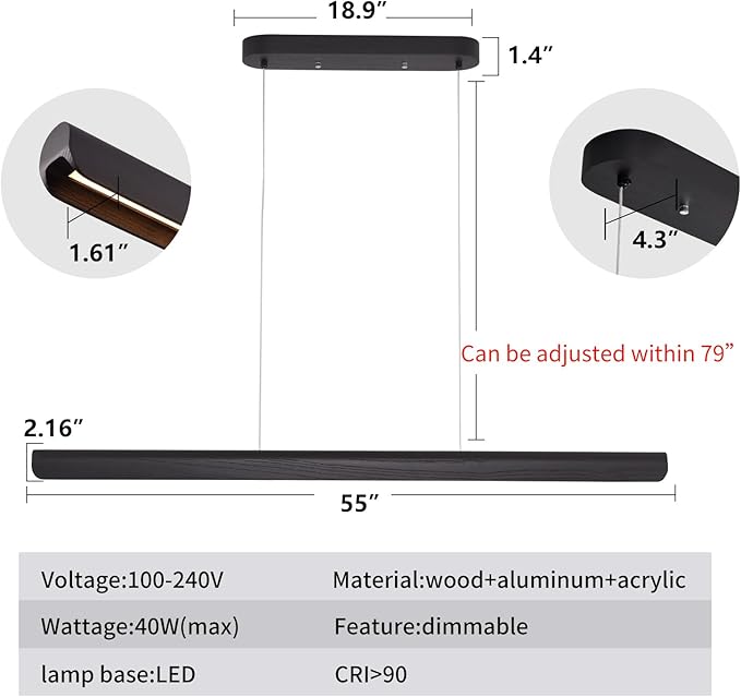 55inch Wood LED Linear Pendant Light, Dimmable Wood Ceiling Lamp,Minimalist Linear Chandelier, 40W Warm Light 3000K, Modern Kitchen Island Dining Room Lighting Black Adjustable Height