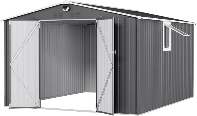 10x12 FT Outdoor Storage Shed, Metal Sheds & Outdoor Storage, Waterproof Sheds with Lockable Doors for Backyard (Black, with Window)