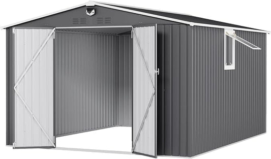 10x12 FT Outdoor Storage Shed, Metal Sheds & Outdoor Storage, Waterproof Sheds with Lockable Doors for Backyard (Black, with Window)