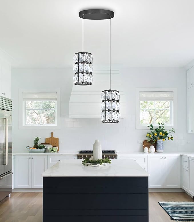 2-Lights Modern Crystal Pendant Lights for Kitchen Island LED Dimmable Glam Pendant Lighting Chandelier for Dining Room Hallway Corner Lamp Black