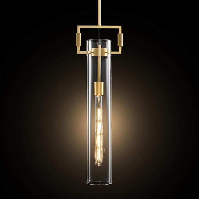Modern Gold Glass Pendant Light: Knurled Brass Pendant Lights Kitchen Island - Contemporary Hanging Light Fixtures with Cylinder Long Tube - Dimmable Pendants Lighting Fixture over Table for Bedroom