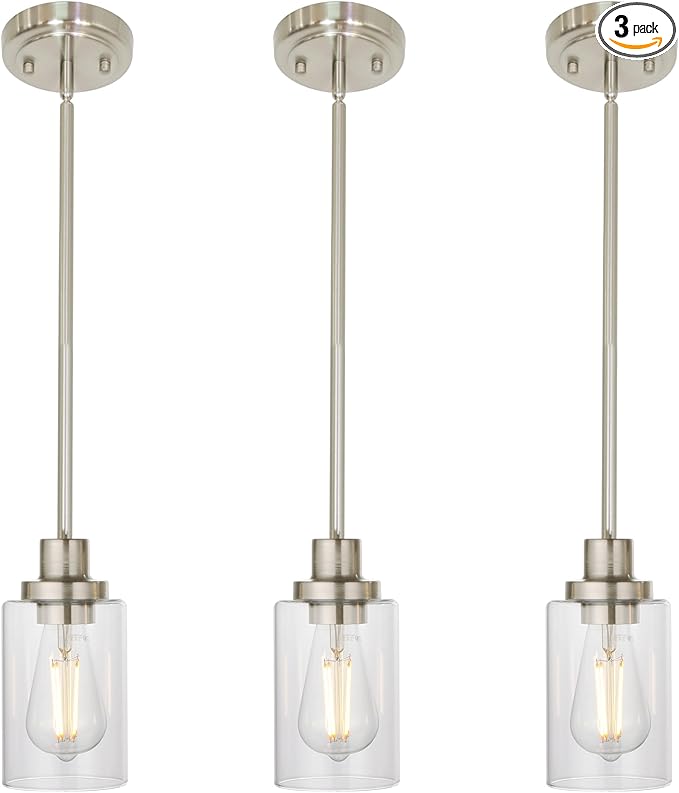 MELUCEE 3 Pack Kitchen Island Pendant Lighting Adjustable Hanging Ceiling Lamp Brushed Nickel Finish with Clear Glass Shade for Bar Dining Room Corridor Living Room Bedside