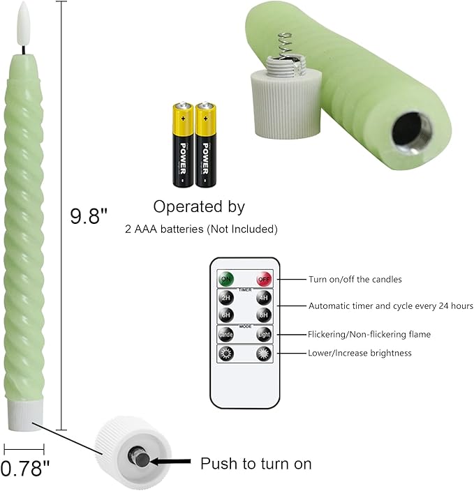 Flameless Taper Candles Green Pastel Flickering with Remote Timer, Battery Operated Warm 3D Wick LED Spiral Candles 6 Pack 9.8" Real Wax Wedding Home Birthday Spring Decor
