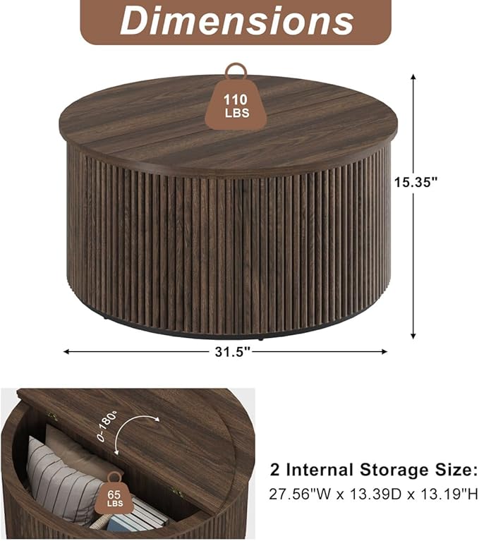 FATORRI Round Coffee Table, Fluted Woodern Center Table with Storage, Mid-Century Modern Cocktail Tables for Small Space, Living Room, Bedroom (31.5 Inch, Dark Walnut)