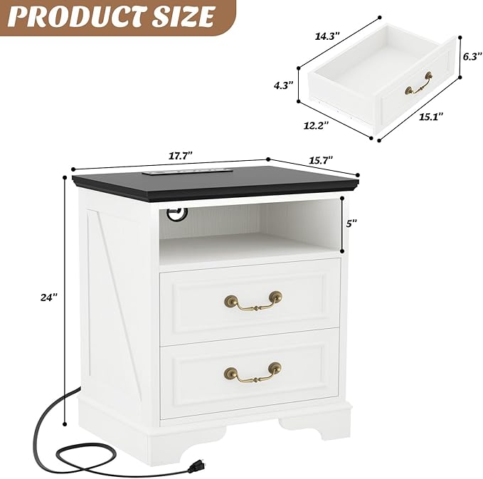Unikito Farmhouse Nightstand with Charging Station, Bedside Table with 2 Large Drawers & Vintage Handles, Side Table with Open Storage for Bedroom (Antique White)