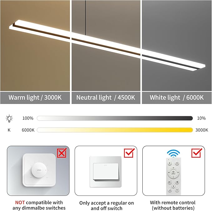 47" LED Linear Pendant Light Fixtures, 25W Dimmable Pool Table Light with Remote, Modern Island Lights for Kitchen Dining Room Living Room Office Bar