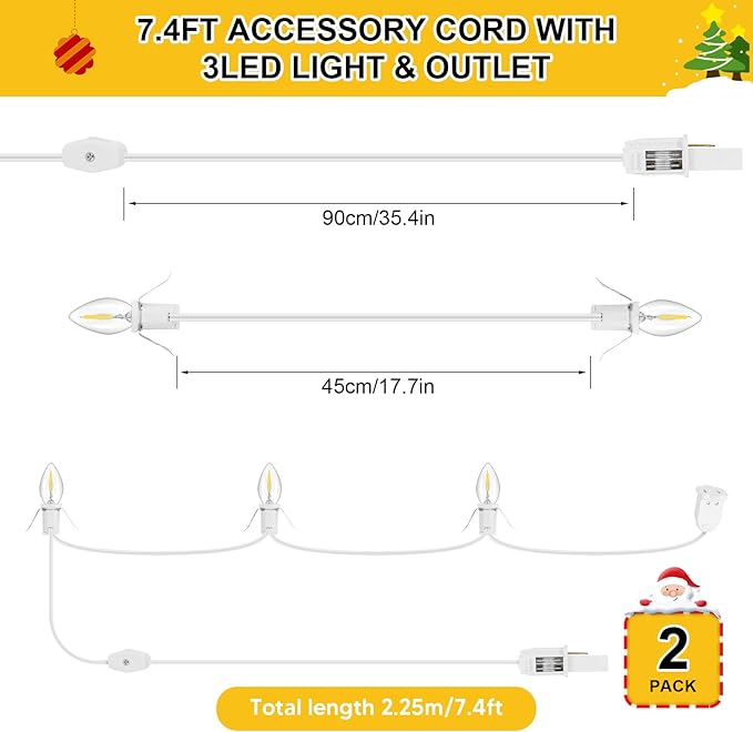 2Pack Accessory Cord with 6LED Bulbs and Outlet Christmas Village Light 14.8FT Blow Mold Light Cord with Spare Fuse Warm White C7 Lamp Christmas Village Accessories for Village Houses Craft Pumpkin