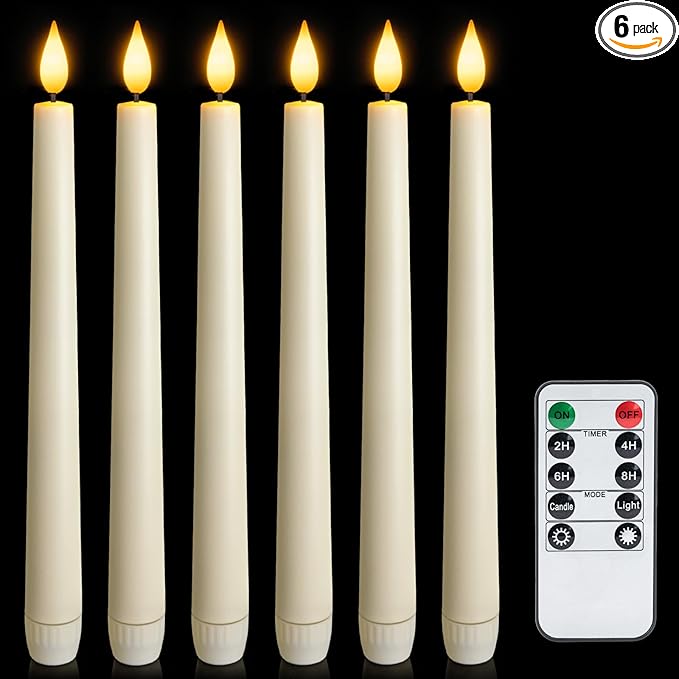 6 Pcs Flameless Taper Candles with Remote, Timer, Plastic Battery Operated Window Candles, 9.6 Inches Ivory LED Candlesticks, for Halloween Christmas Home Decoration