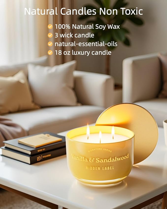 Natural Candles Non Toxic | Vanilla & Sandalwood Scented, 3 Wick Large Aromatherapy Candles for Home, 18 oz | 70 Hours Burn Time,Luxury Home Décor | Women Gift