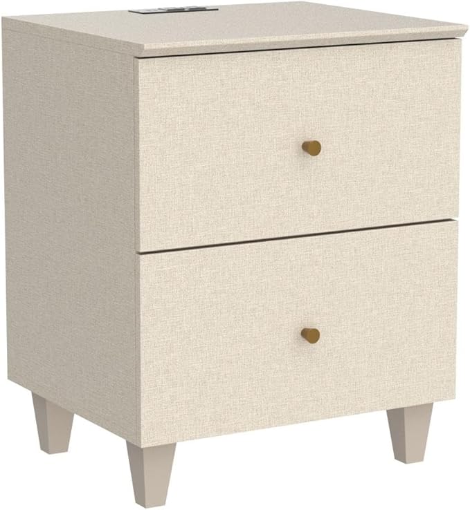 WAMPAT Bedside Table with Charging Station, 2 Drawers, 2 AC Outlets and 2 USB Ports, Nightstand for Bedroom, Modern Mid-Century End Table with USB Hub for Living Room, Beige Linen Printed Finish