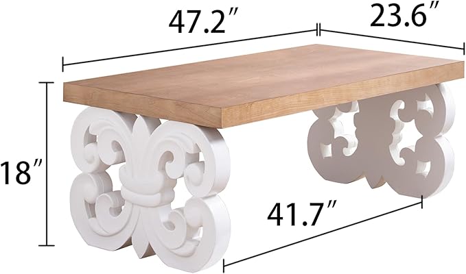 Rectangular Coffee Table with Natural Wood Top, Rustic Wooden Center Table with White Carved Base, Farmhouse Tea Table for Living Room Office Apartment,47.2" L x 23.6" W x 18" H