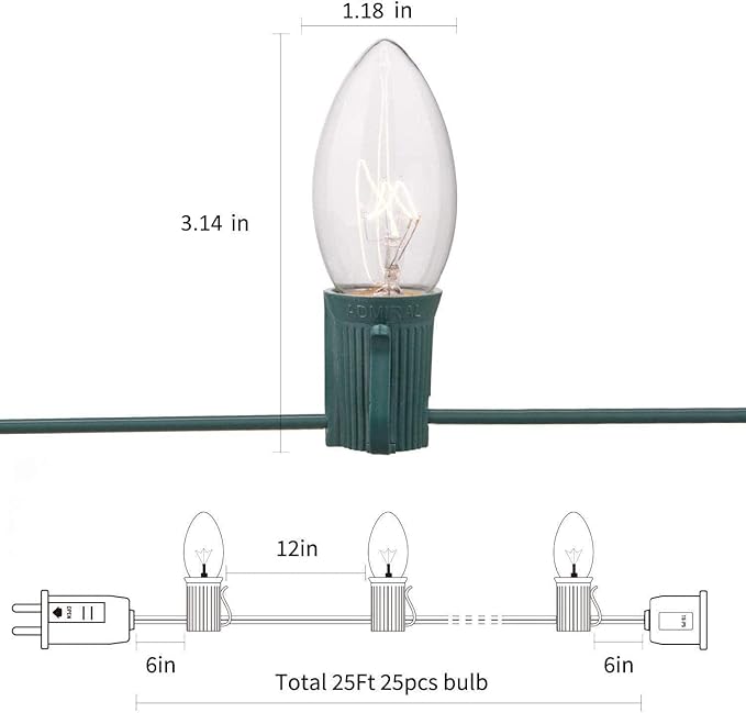 C9 Clear Vintage Outdoor String Lights with 26 C9 Clear Glass Bulbs, 25Ft Hanging Roofline Lights for Outdoor Christmas Tree Party Backyard Wedding Decor - Green