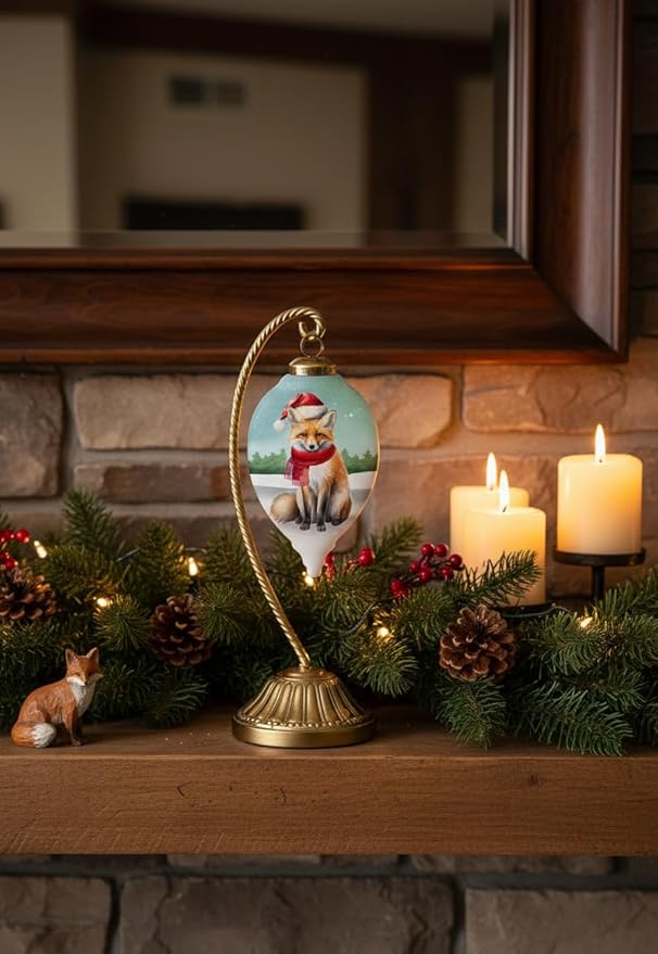 Hand-Painted Glass Fox Ornament – Woodland Christmas Decoration with Santa Hat, Cardinals, and Gifts – “Warm Winter Wishes” Reverse-Painted Collectible with Gift Box – 4.5” Teardrop Ornament