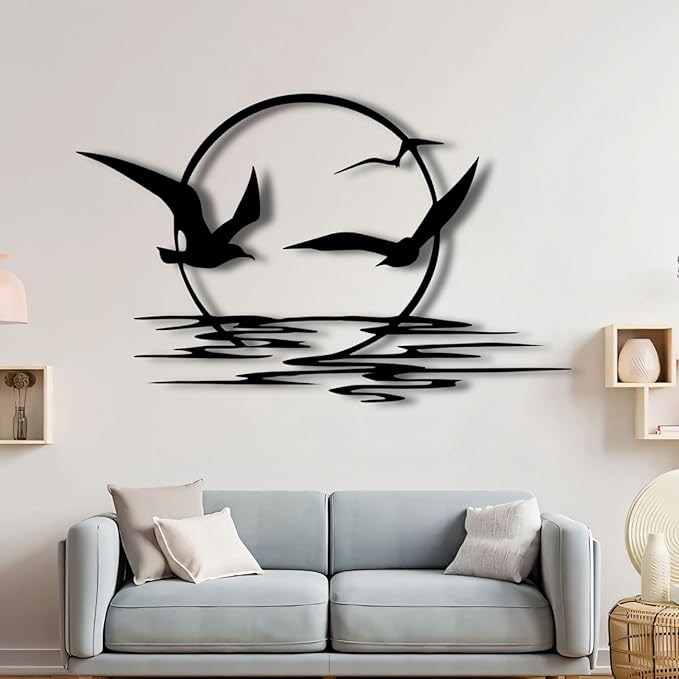 Sunrise and Birds Metal Wall Art,Seagulls Metal Wall Decor,Home Decor, Housewarming Gift (48"x29"/121x75cm, White)