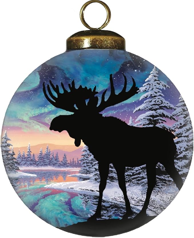 Moose Christmas Ornament – Northern Lights Winter Forest Scene – Reverse Hand-Painted Glass Wildlife Holiday Decoration – Gift-Ready with Keepsake Box