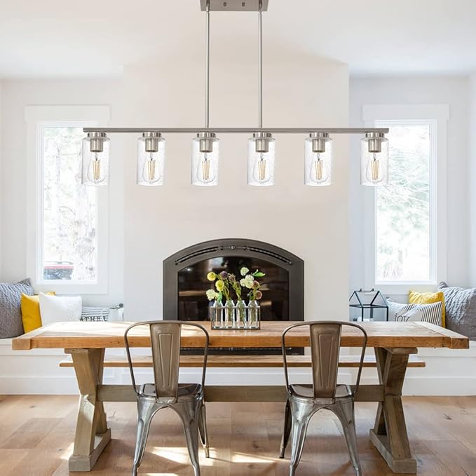 TODOLUZ 6-Lights Farmhouse Chandelier Island Lighting with Seeded Glass Shade, Modern Hanging Ceiling Light Fixtures for Kitchen Bar in Brushed Nickel