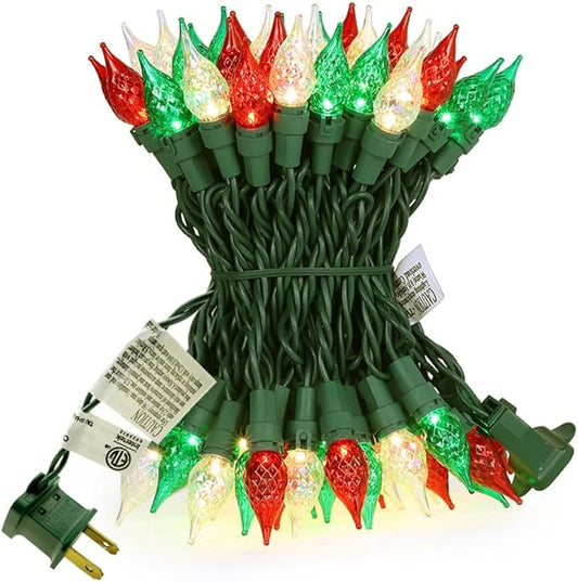GlowVibe Red White and Green Christmas Lights, 19ft 70 LED Faceted C5 Glass Bulb Outdoor String Lights, Extendable Green Wire for Indoor Xmas Tree Garden Patio 120V ETL Certified