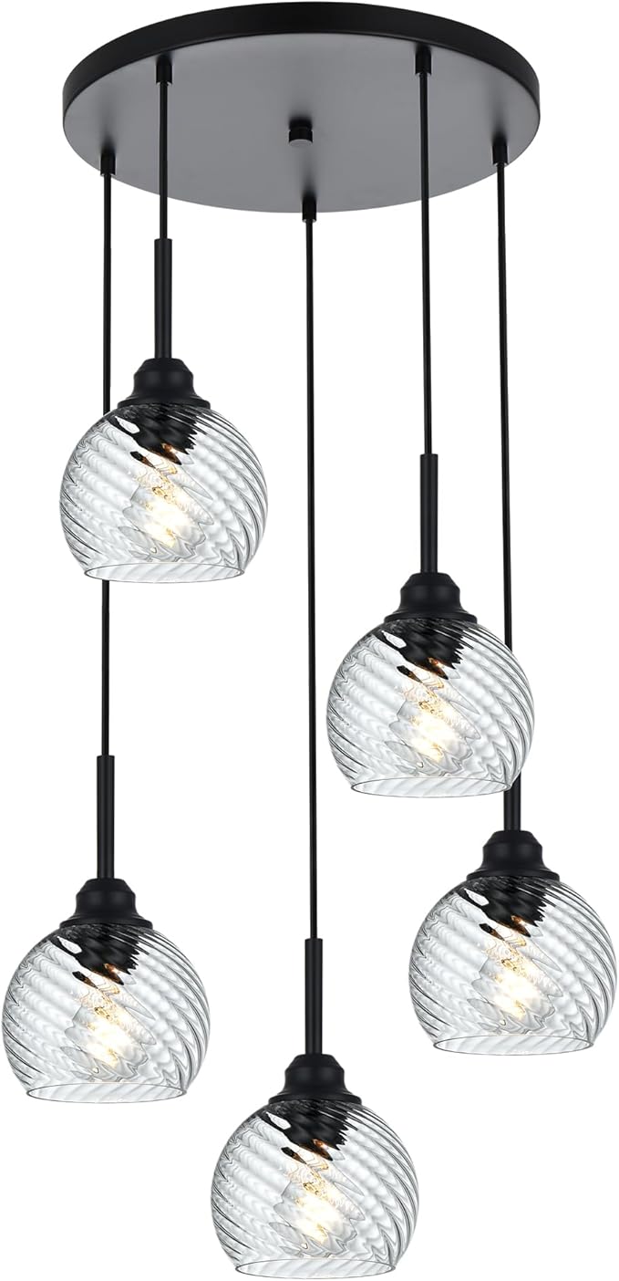 5 Light Cluster Pendant Light with Striped Swirl Globe Glass Black Pendant Lighting for Kitchen Island, Modern Dining Room Light Fixtures Over Table Hanging Ceiling Light, E26 Base