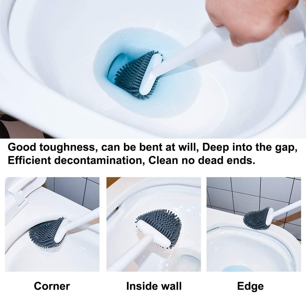 Sellemer Toilet Brush and Holder Set for Bathroom, Flexible Toilet Bowl Brush Head with Silicone Bristles, Compact Size for Storage and Organization, Ventilation Slots Base (2 Pack, White)
