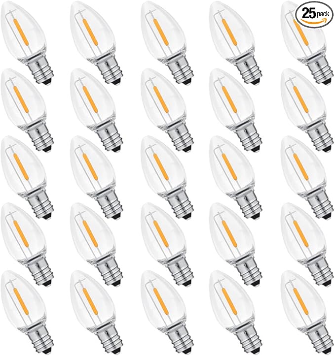 NETEHA 25 Pack C7 Clear Led Replacement Christmas Light Bulb, C7 E12 Base 120V Waterproof Led Bulbs for Christmas Outdoor String Lights, Halloween Decoration Bulb