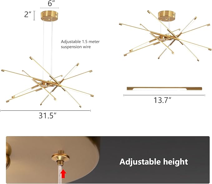 Modern Gold Chandelier, 12-Light LED Linear Pendant Light Fixture, Dimmable Gold Chandeliers for Dining Room, Living Room, Bedroom, Kitchen Island