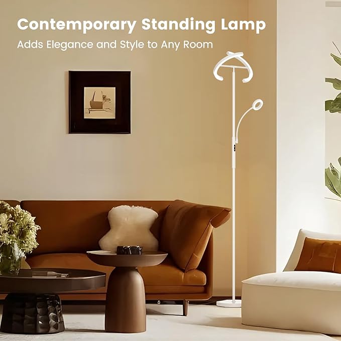 White LED Floor Lamp - Dimmable 2 Lights Standing Lamp with Remote&Touch Control, 4 Color& 10 Brighness Adjustable Floor Reading Light, Modern Tall Lamp for Living Room Bedroom Office Corner
