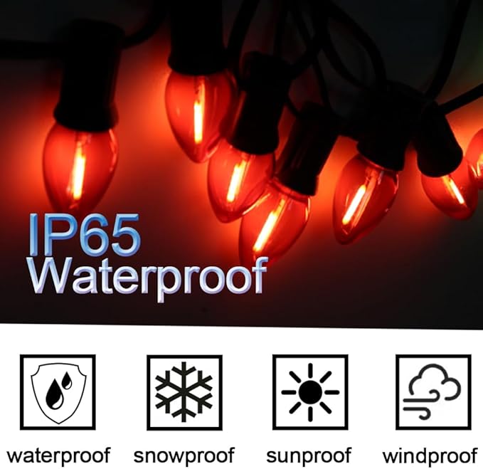 NETEHA 25 Pack C7 Red Led Replacement Christmas Light Bulb, C7 E12 Base 120V Waterproof Led Bulbs for Christmas Outdoor String Lights, Halloween Decoration Bulb