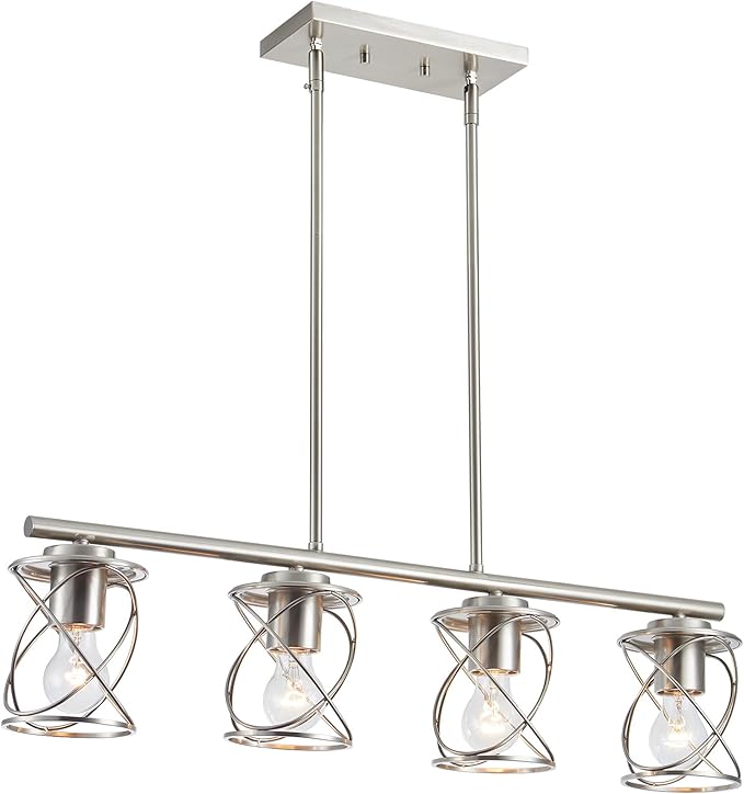 Kitchen Island Light, 4-Light Dining Room Lighting Fixtures Hanging, Farmhouse Linear Pendant Light for Kitchen Island Table Living Room with Adjustable Rods, Brushed Nickel