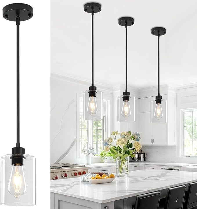 3 Pack Glass Pendant Lights Kitchen Island, Modern Black Pendant Lighting Over Island Hanging Light Fixtures Kitchen Ceiling Lamp Farmhouse Mini Chandeliers for Hallway Entryway Bedroom Dining Room