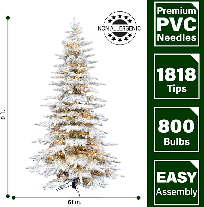 Fraser Hill Farm Pine Valley Flocked Christmas Tree, 9 Feet Tall, Includes White Incandescent Smart Lights with Easy to Connect Features, Artificial Modern Xmas Perfect Decor for The Home