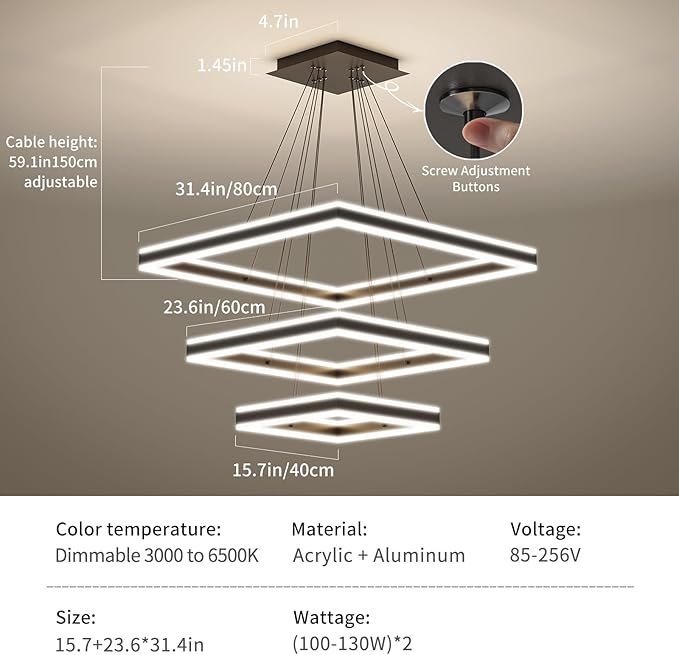 Modern Pendant Light Fixture, 3 Layer Square Black LED Chandelier for Dining Room Table, Dimmable 3000K-6500K, Adjustable Height Kitchen Island Ceiling Hanging Lighting for Living Room Bedroom