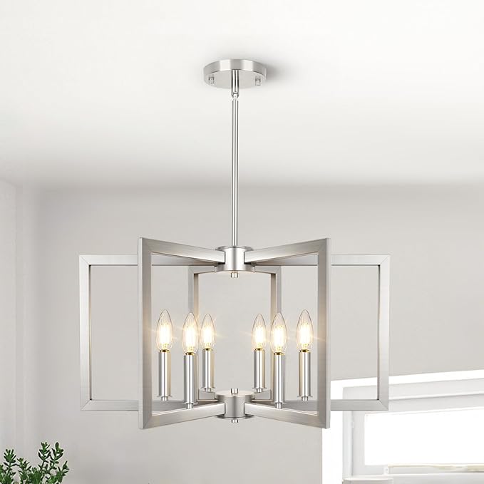 6-Light Brushed Nickel Chandelier, Farmhouse Dining Room Light Fixture, Modern Chandelier, Geometric Industrial Metal Hang Lighting Fixture for Foyer Entryway Kitchen Over Table Hallway Living Room