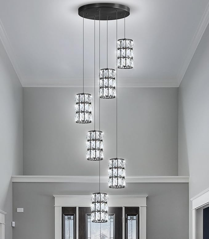 6-Lights Modern Crystal Pendant Lights for Kitchen Island LED Dimmable Glam Pendant Lighting Chandelier for Dining Room Hallway Corner Lamp Black