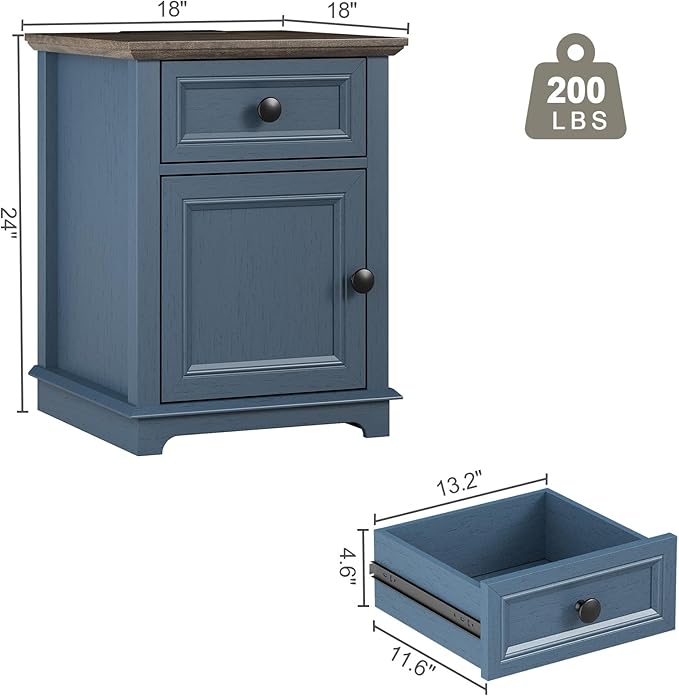 24" Tall End Table with Fast Charging Station, Square Side Table with Drawer & Large Storage Cabinet, Vintage Wooden Table for Living Room/Bedroom, Blue
