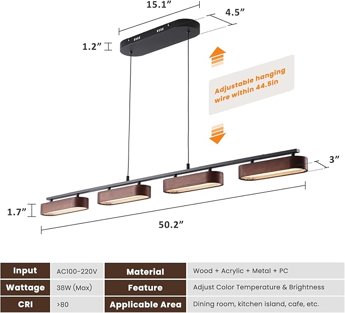 50.2" Kitchen Island Lights, 38W Wood Dining Room Light Fixtures Over Table, Dimmable Linear Pendant Lights for Kitchen Island, 4-Light Rustic Hanging Farmhouse Chandeliers, Walnut Color