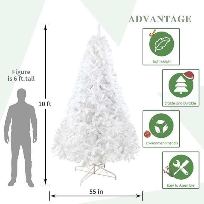 BESTHLS 10ft White Christmas Tree Premium Artifical Pine Christmas Tree with Soild Metal Stand and Decorations Fit for Indoor Outdoor,2150 Tips (10 feet White)