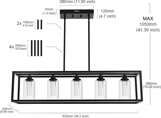 MELUCEE Dining Room Light Fixtures Over Table, 5 Light Black Kitchen Island Lighting LED Pendant Light, Linear Bubble Crystal Chandelier with Clear Glass, Built in LED chips 5-Color Temperature Adjust