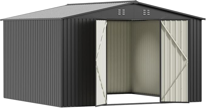10X10 FT Outdoor Storage Shed, Metal Garden Tool Shed with Updated Frame Structure and Lockable Doors, Ideal for Backyard Garden Patio Lawn