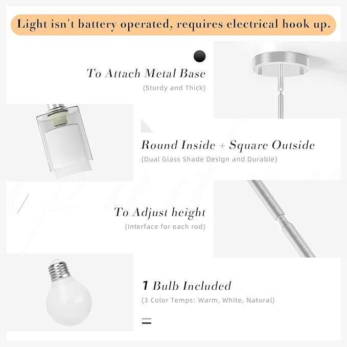 Pendant Light Kitchen Island Lighting 2 Pcs, Height Adjuatable Rod Clear Dual Glass - with 3 Color Temperatures Bulb & Remote Control, Farmhouse Hanging Lighting Fixture for Dining Room Bedroom
